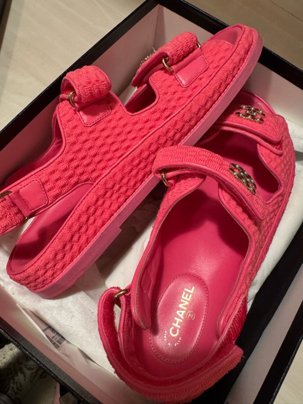 CHANEL Hot Pink Quilted Sporty Sandal with Gold CC Hardware
